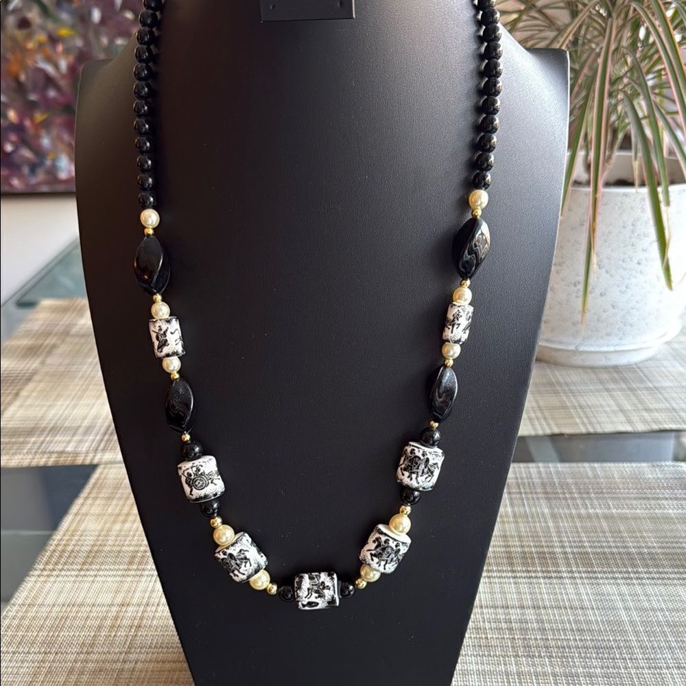 Vintage Mid Century Necklace with Black Lucite, Faux Pearls & Hand Painted Beads